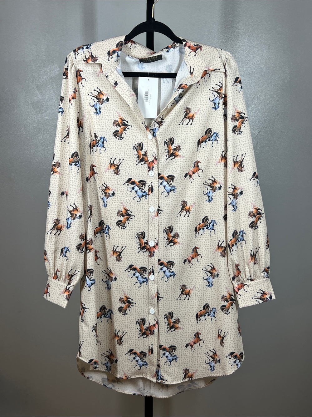 Nylon Apparel Women’s Beige Horse-Print Button-Down Dress